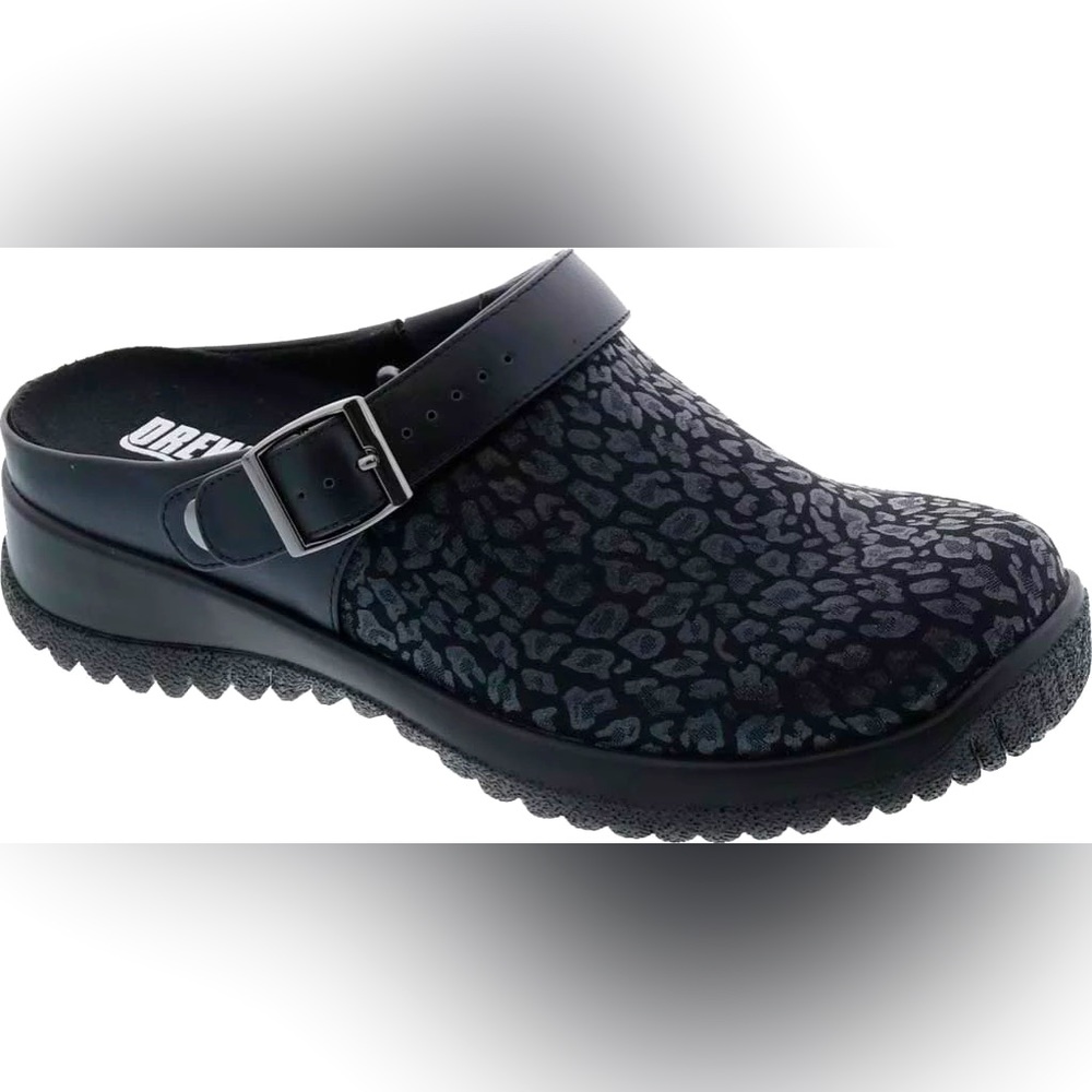 Drew Savannah Black Animal Print Orthopedic Clog Shoes Size 7.5